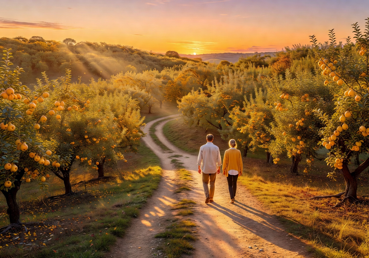 Lush golden orchard hills during a warm sunset walk