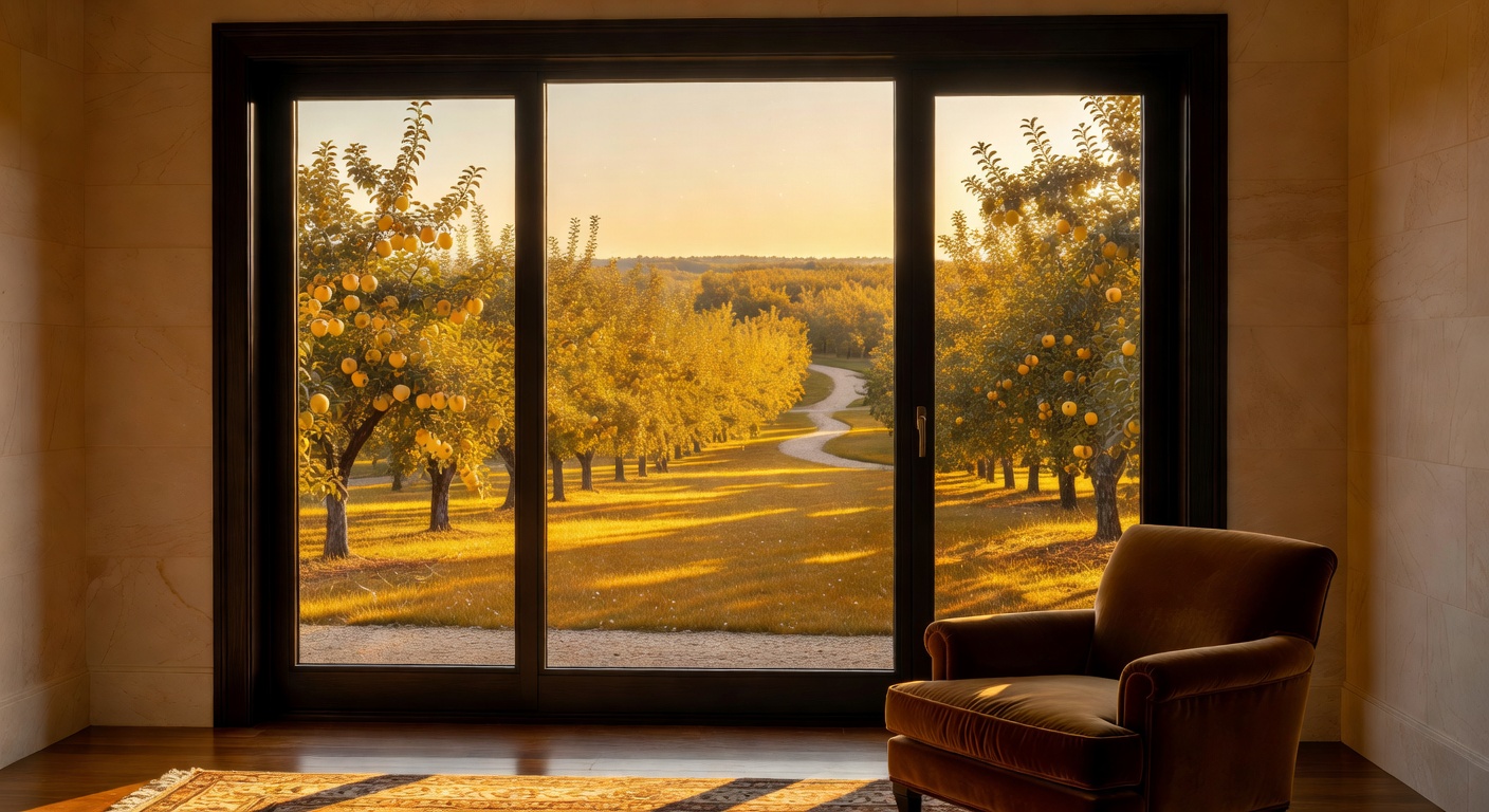 Luxury countryside villa window looking out to golden orchard trees