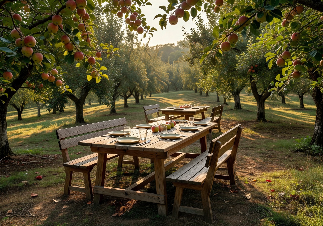 Outdoor orchard dining table set under soft golden sunlight