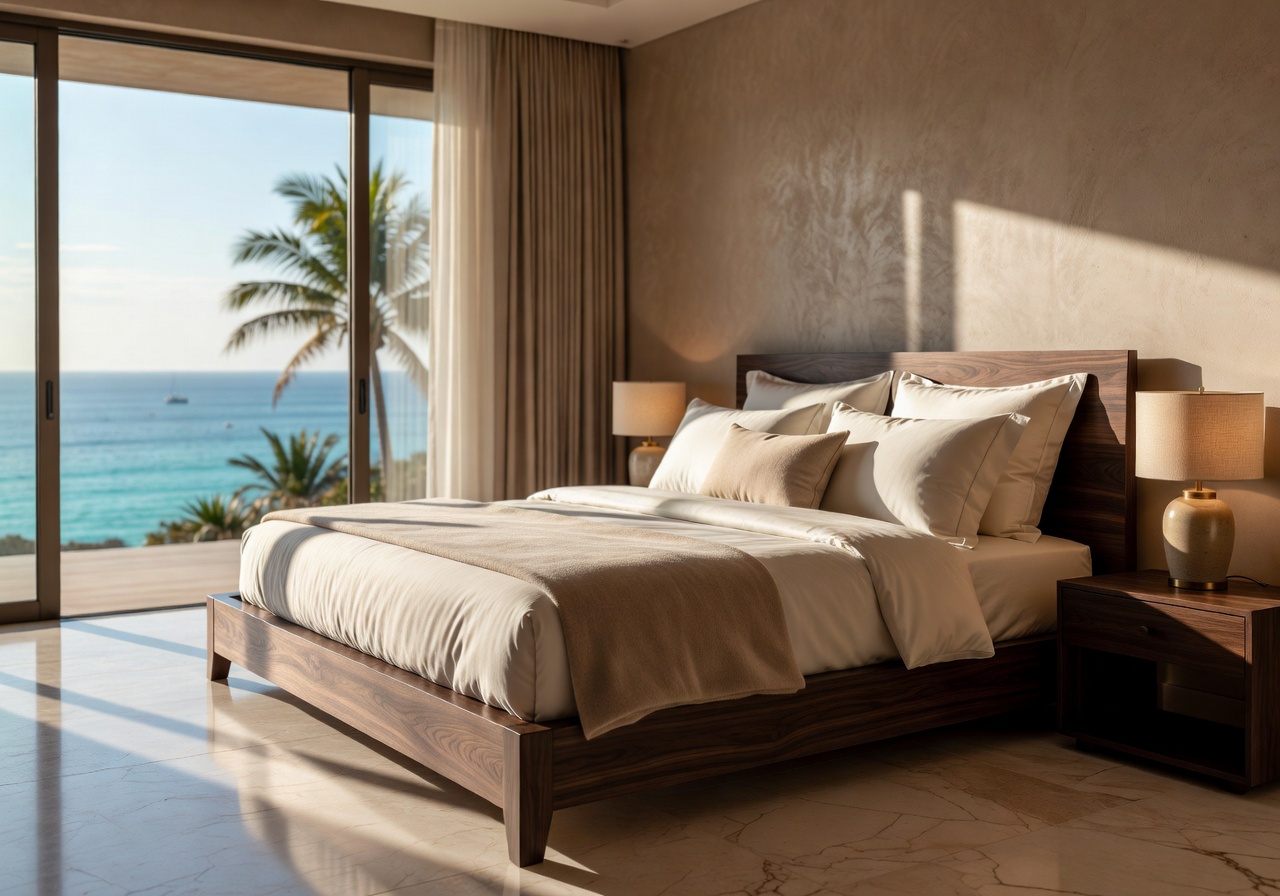 Premium luxury villa bedroom with warm sunlight and soft linens
