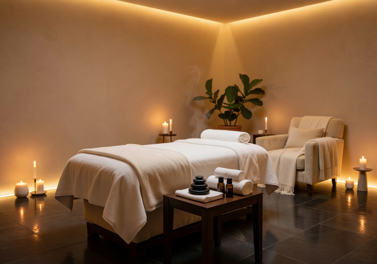 Relaxing spa and wellness treatment room with warm atmosphere
